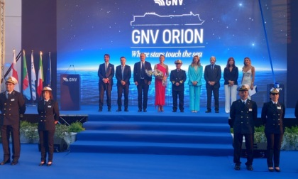 Presidente Bucci e assessore Lombardi al varo della nuova nave Orion di GNV