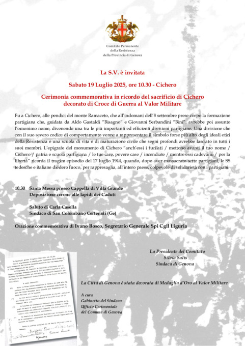 Sabato 19 luglio, a Cichero, la cerimonia commemorativa in ricordo del sacrificio di 7 partigiani trucidati.