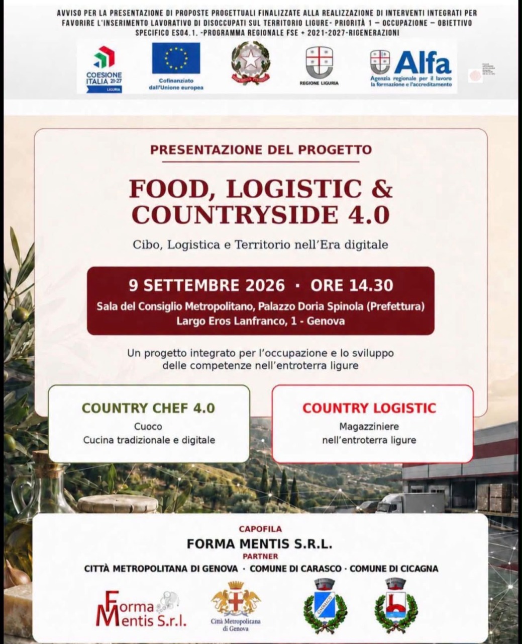 Food, Logistic & Countryside 4.0: a Genova la presentazione del progetto per formare nuove competenze e creare occupazione nell’entroterra ligure