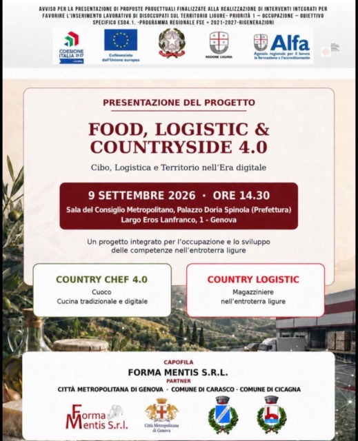 Food, Logistic & Countryside 4.0: a Genova la presentazione del progetto per formare nuove competenze e creare occupazione nell’entroterra ligure